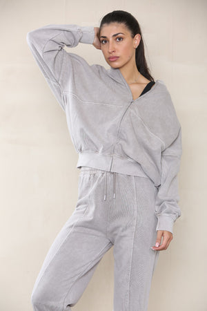 Acid Wash Bomber Style Oversize Fleece Zipper & Jogger Set - Sara - Storm Desire