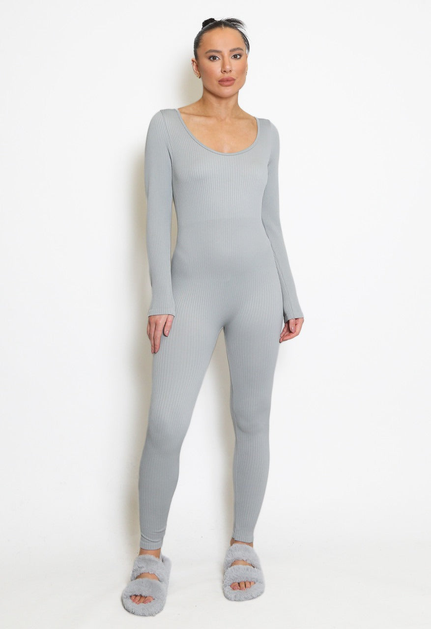 Grey Ribbed Long Sleeve Unitard Jumpsuit - Vera - Storm Desire