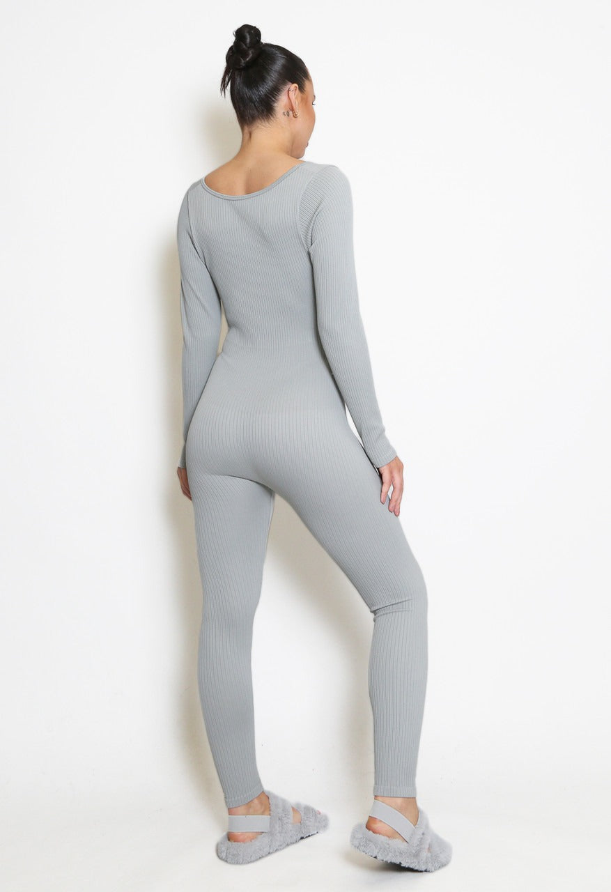 Grey Ribbed Long Sleeve Unitard Jumpsuit - Vera - Storm Desire