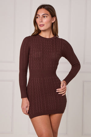 Brown cable-knit mini dress with long sleeves and fitted waist