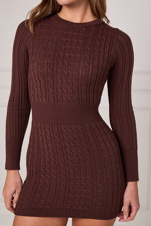 Cable-knit long sleeve mini dress with fitted waist and textured pattern, wine/burgundy