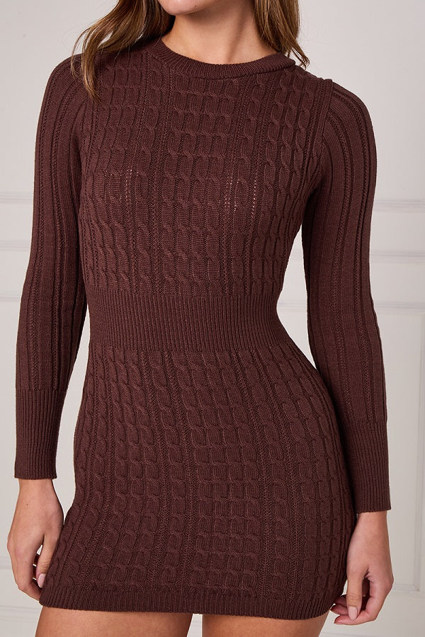 Cable-knit long sleeve mini dress with fitted waist and textured pattern, wine/burgundy