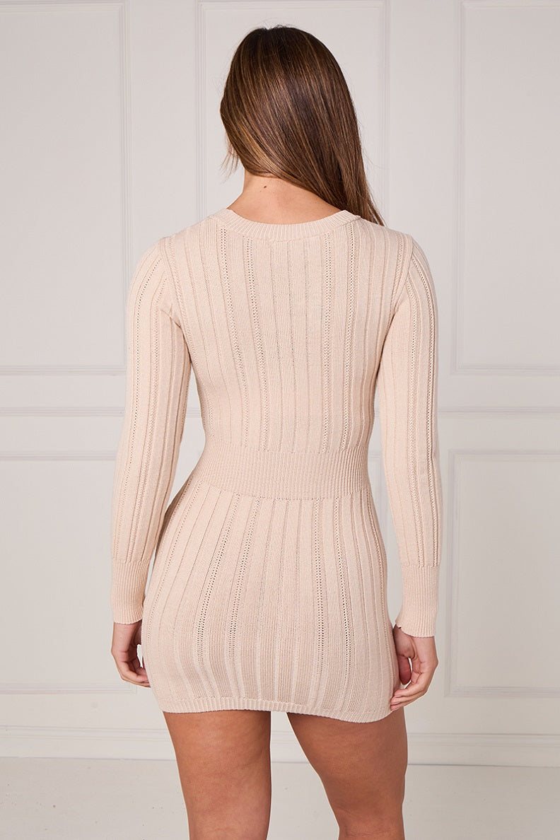 Long Sleeve Cable Knitted Mini Dress - Indigo