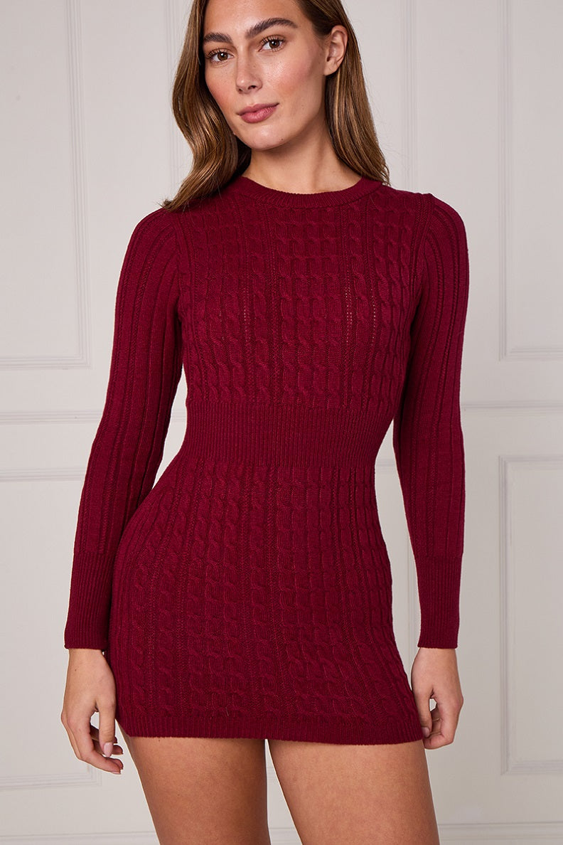 Cable-knit long sleeve mini dress with textured stitch pattern, deep red/burgundy