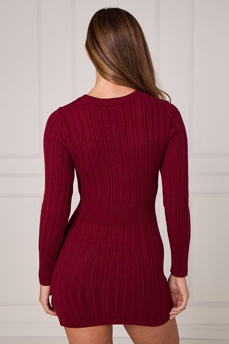 Wine cable-knit mini dress with long sleeves, back view