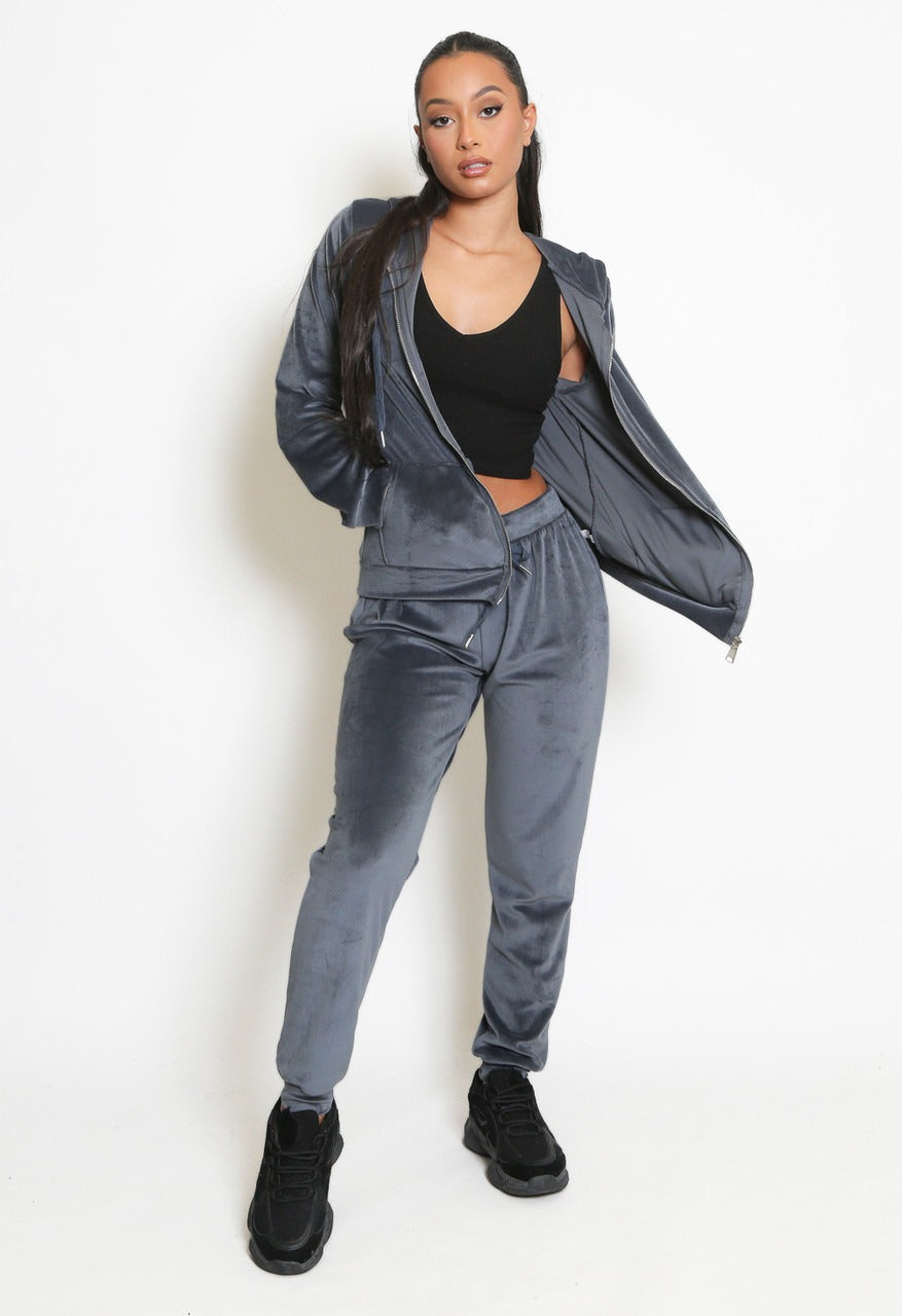 Grey Velvet Hooded Loungewear Set -  Megan - Storm Desire