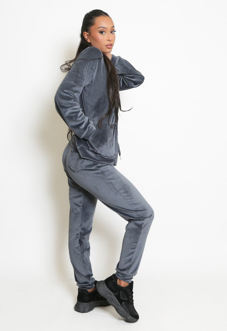 Grey Velvet Hooded Loungewear Set -  Megan - Storm Desire