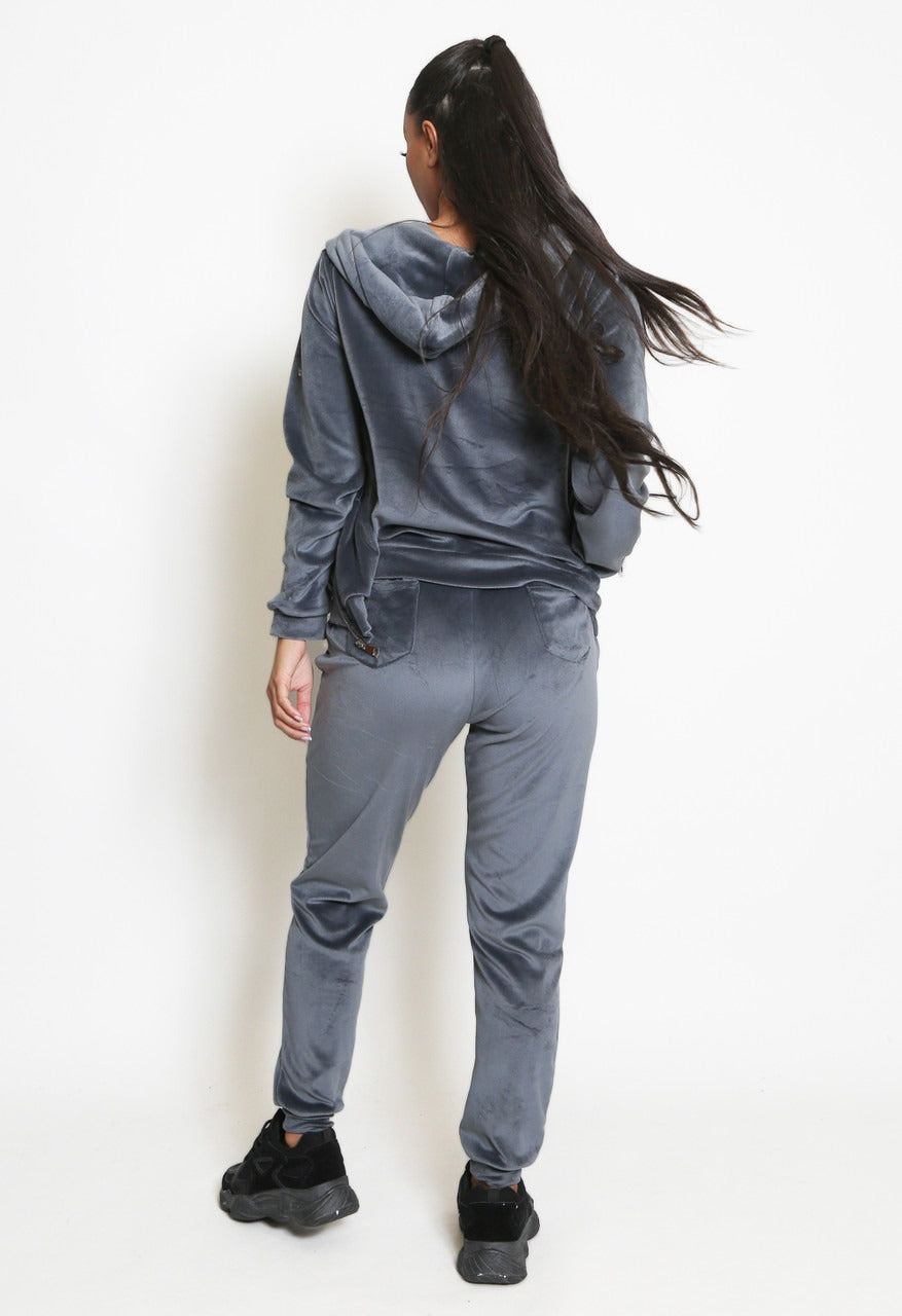 Grey Velvet Hooded Loungewear Set -  Megan - Storm Desire