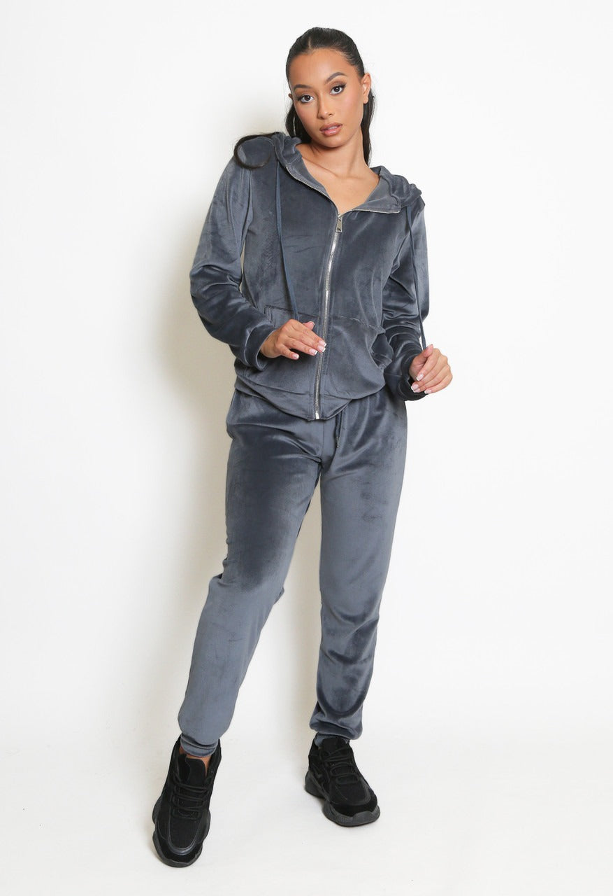 Grey Velvet Hooded Loungewear Set -  Megan - Storm Desire