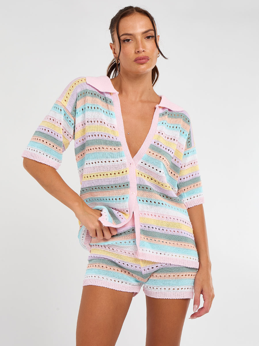 Stripe Crochet Knitted Top and Shorts Set - Monica