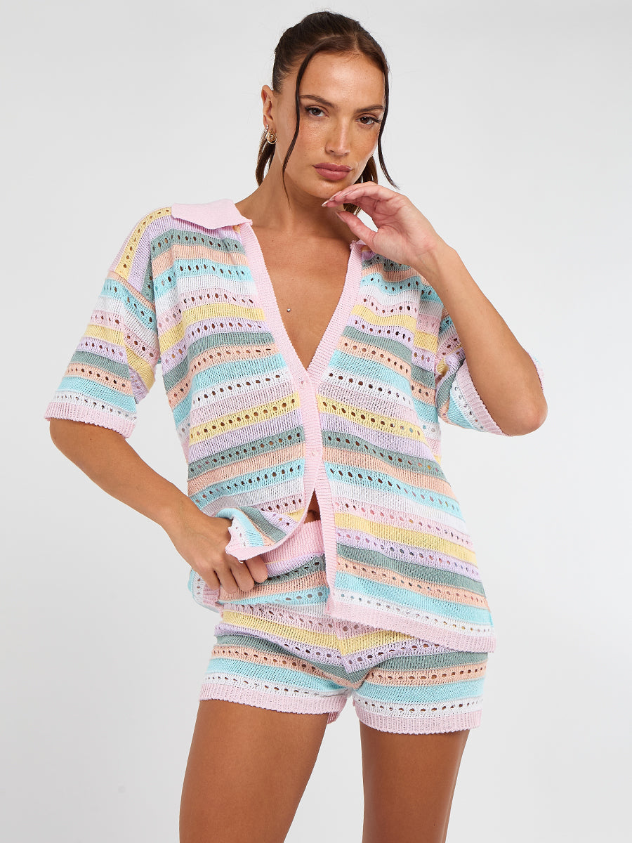 Stripe Crochet Knitted Top and Shorts Set - Monica