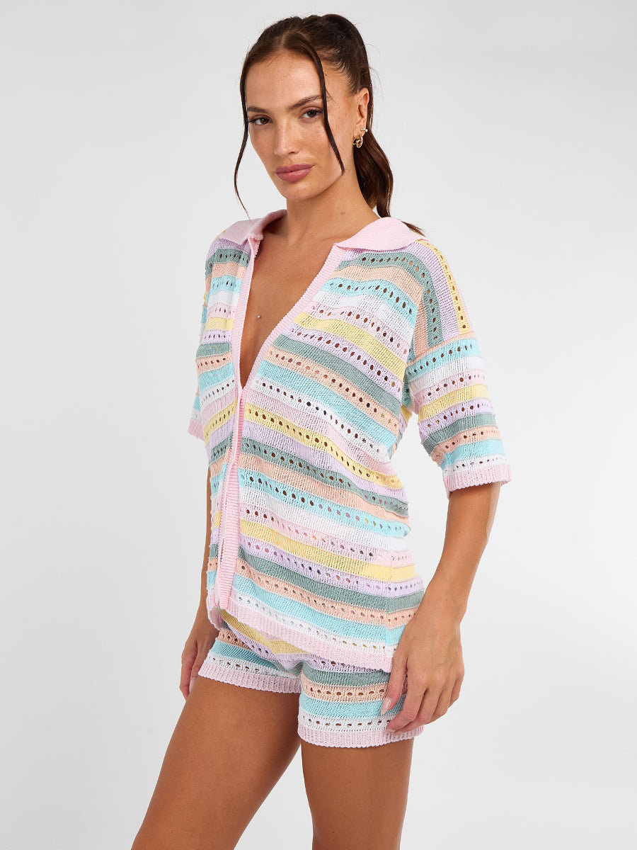 Stripe Crochet Knitted Top and Shorts Set - Monica