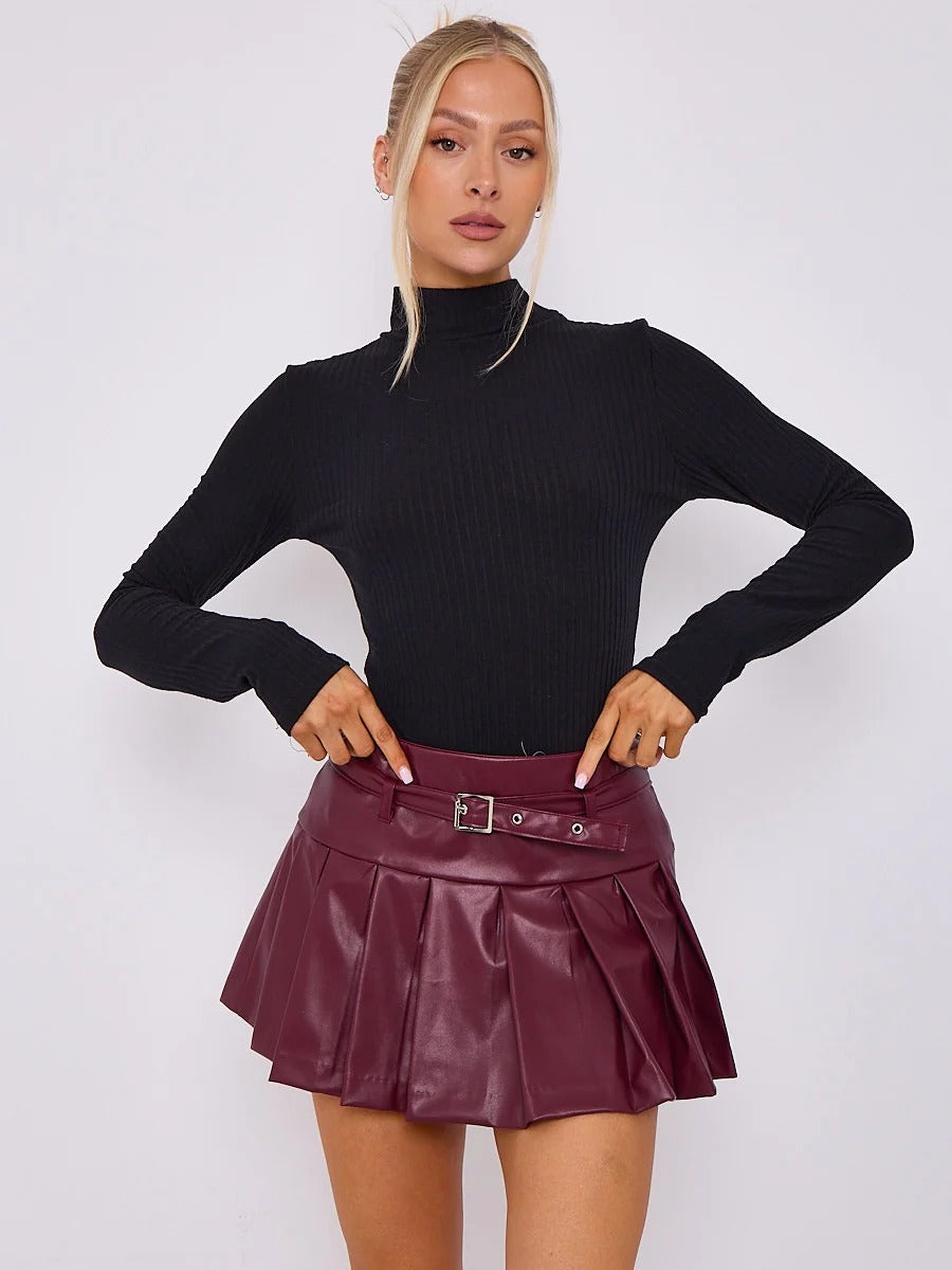Wine belted faux-leather skort with pleated hem, front view
