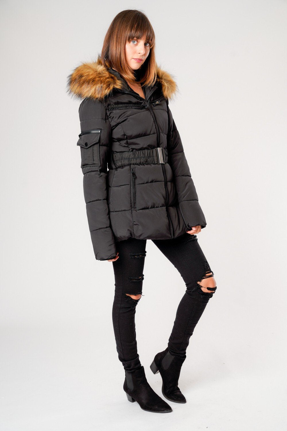 Black Belted Faux Fur Hood Quilted Puffer Jacket - Gracie - Storm Desire