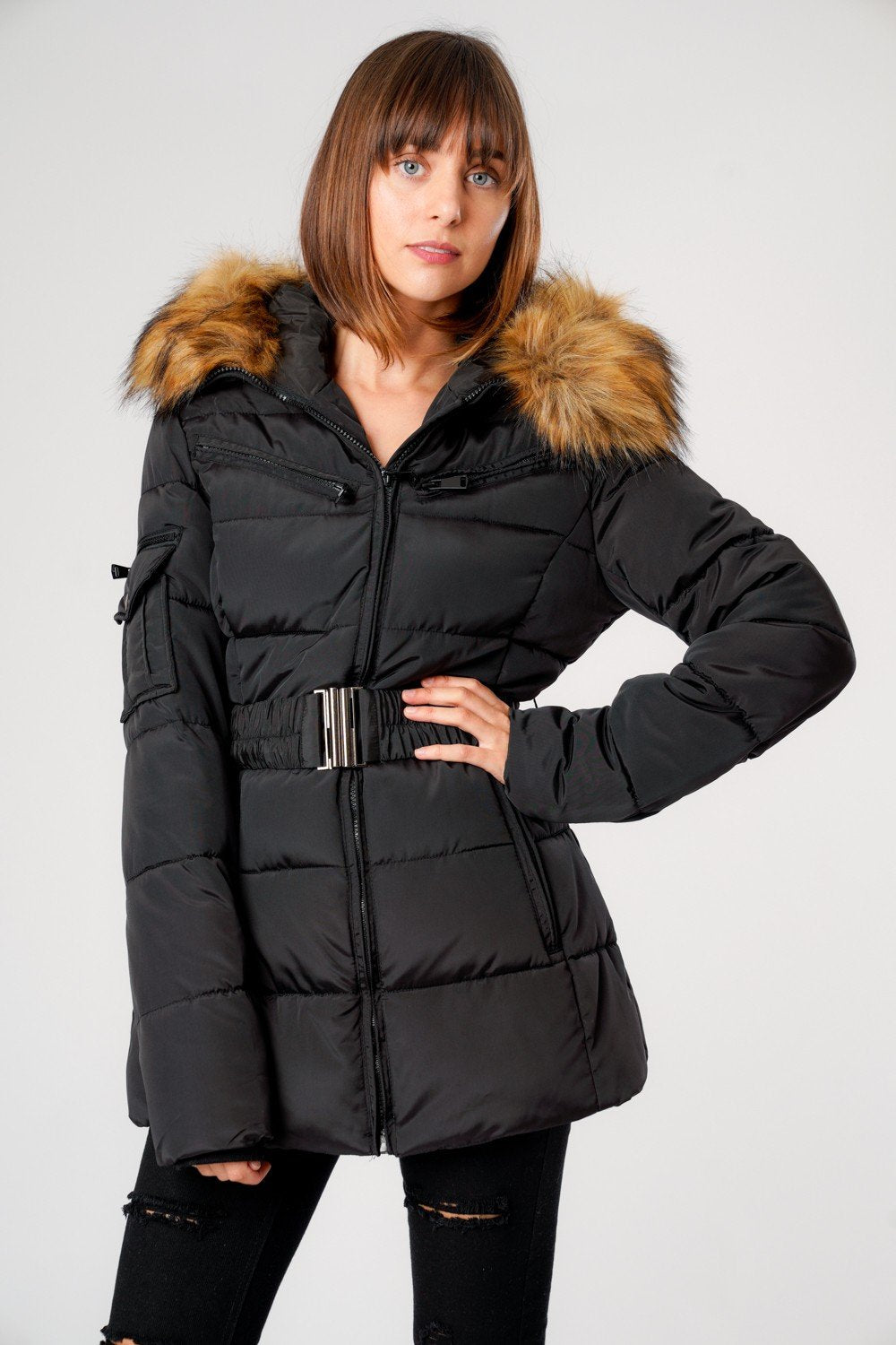 Black Belted Faux Fur Hood Quilted Puffer Jacket - Gracie - Storm Desire