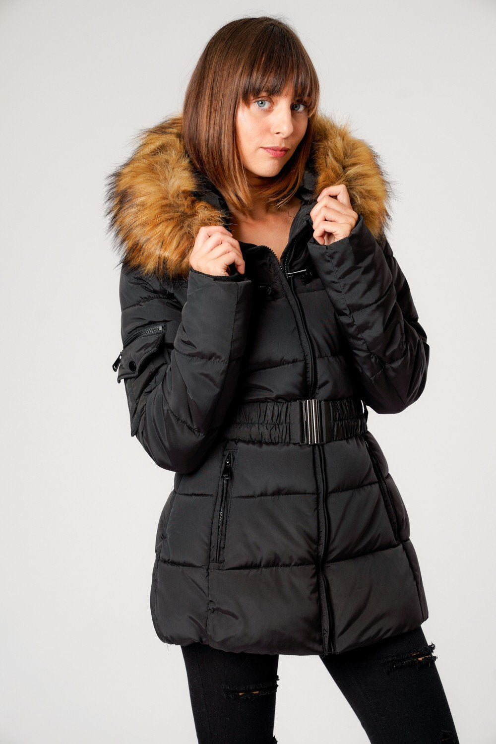 Black Belted Faux Fur Hood Quilted Puffer Jacket - Gracie - Storm Desire