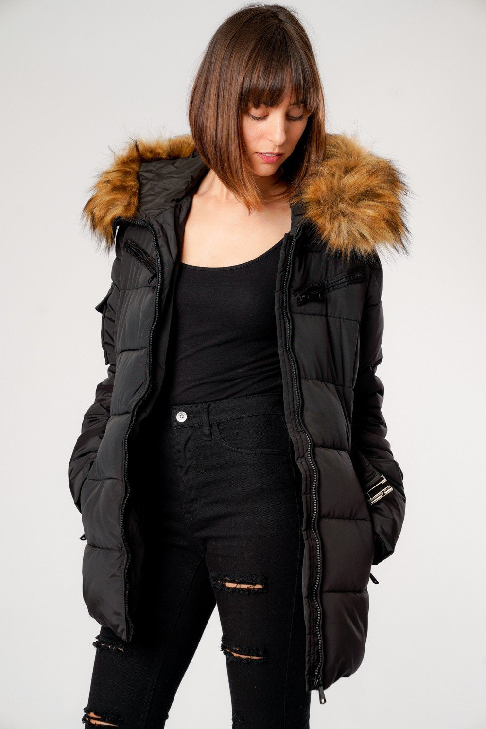 Black Belted Faux Fur Hood Quilted Puffer Jacket - Gracie - Storm Desire