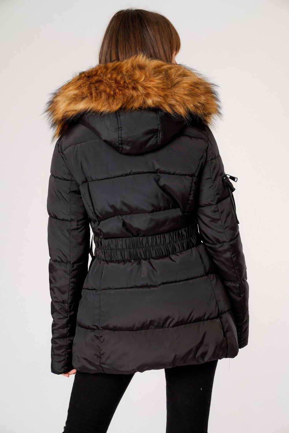 Black Belted Faux Fur Hood Quilted Puffer Jacket - Gracie - Storm Desire