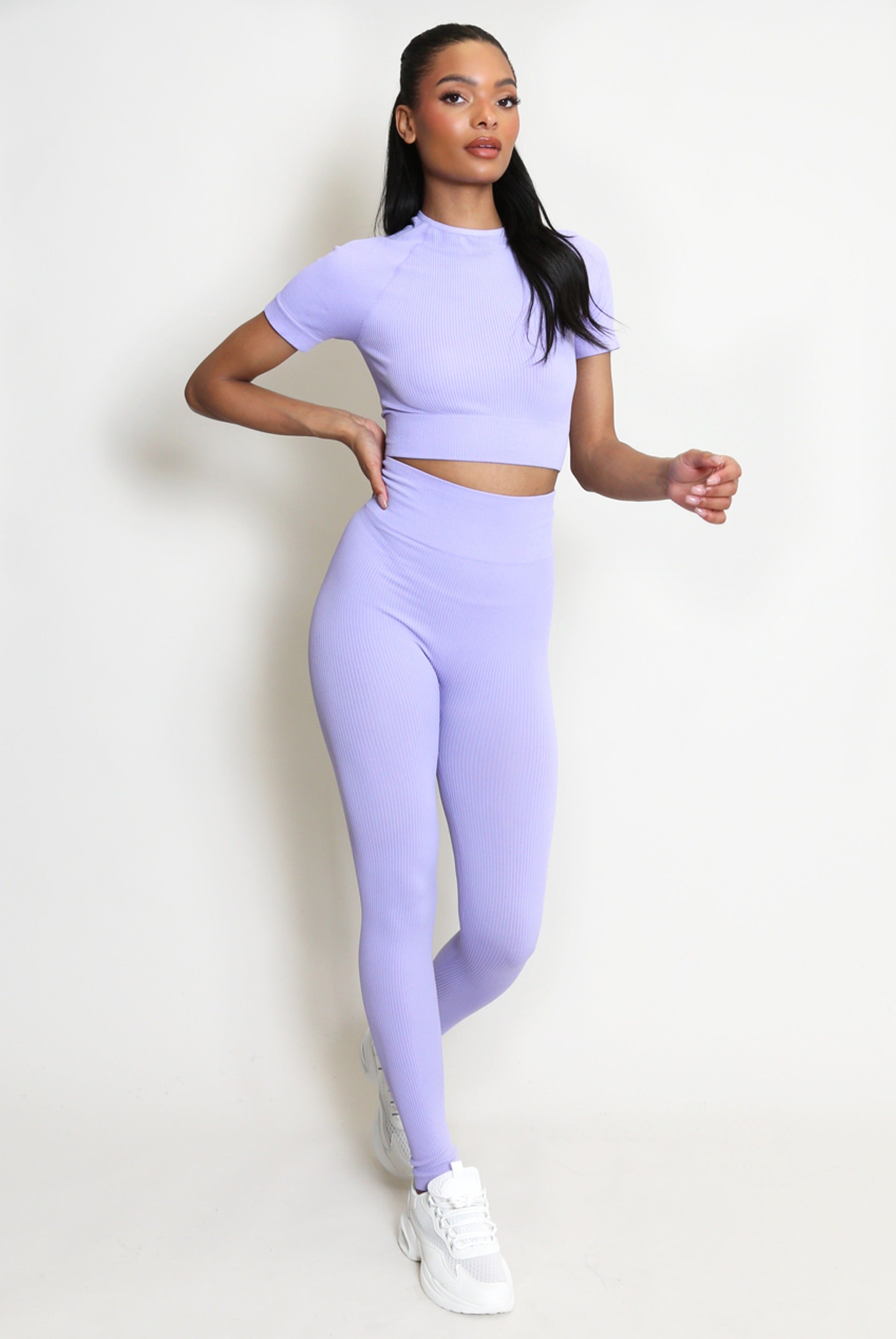 Ribbed Short Sleeve Top And Legging Gym Set - Phoenix - Storm Desire