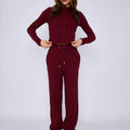 Ribbed button-up top and wide-leg trouser set, wine red