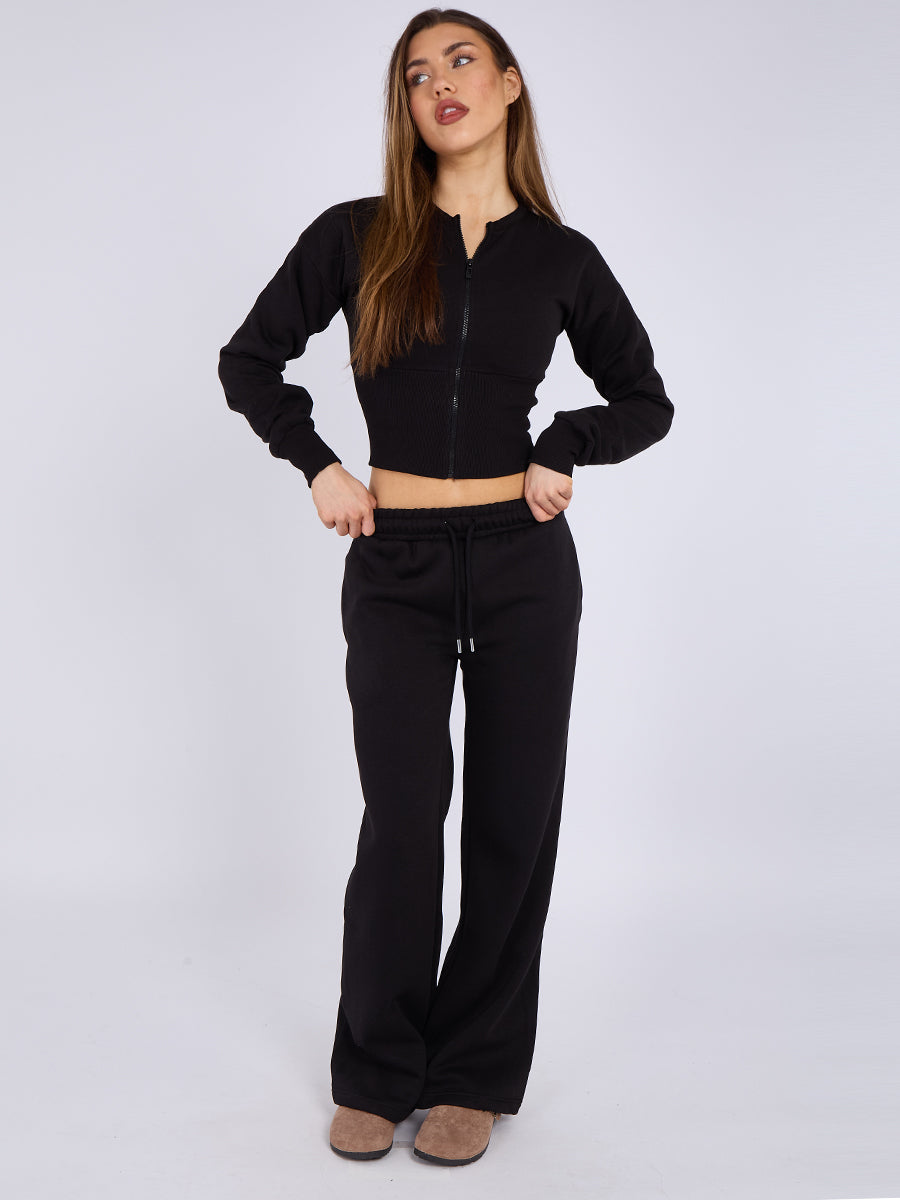 Zip Up Crop Sweatshirt & Wide Leg Trouser Tracksuit - Pearl