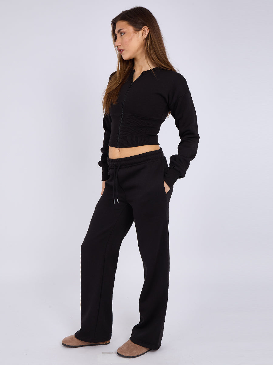 Zip Up Crop Sweatshirt & Wide Leg Trouser Tracksuit - Pearl