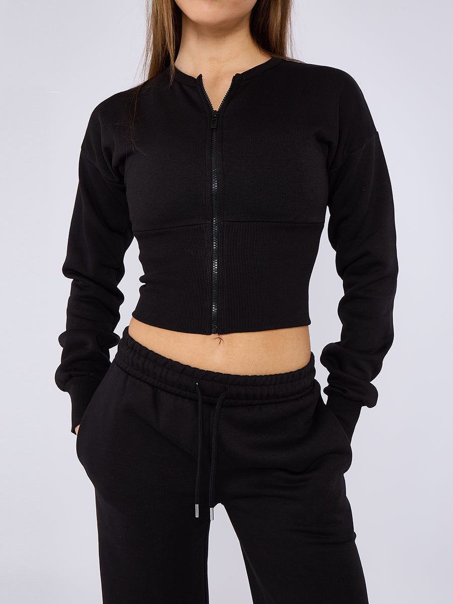 Zip Up Crop Sweatshirt & Wide Leg Trouser Tracksuit - Pearl