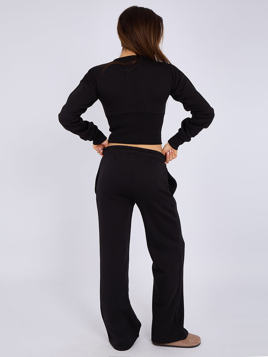 Zip Up Crop Sweatshirt & Wide Leg Trouser Tracksuit - Pearl