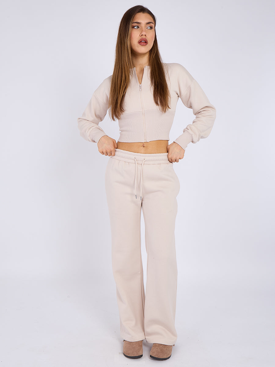 Zip Up Crop Sweatshirt & Wide Leg Trouser Tracksuit - Pearl