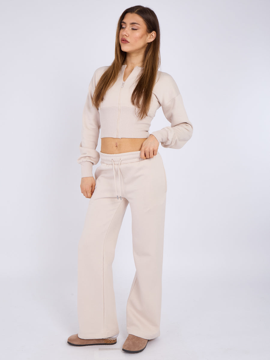 Zip Up Crop Sweatshirt & Wide Leg Trouser Tracksuit - Pearl