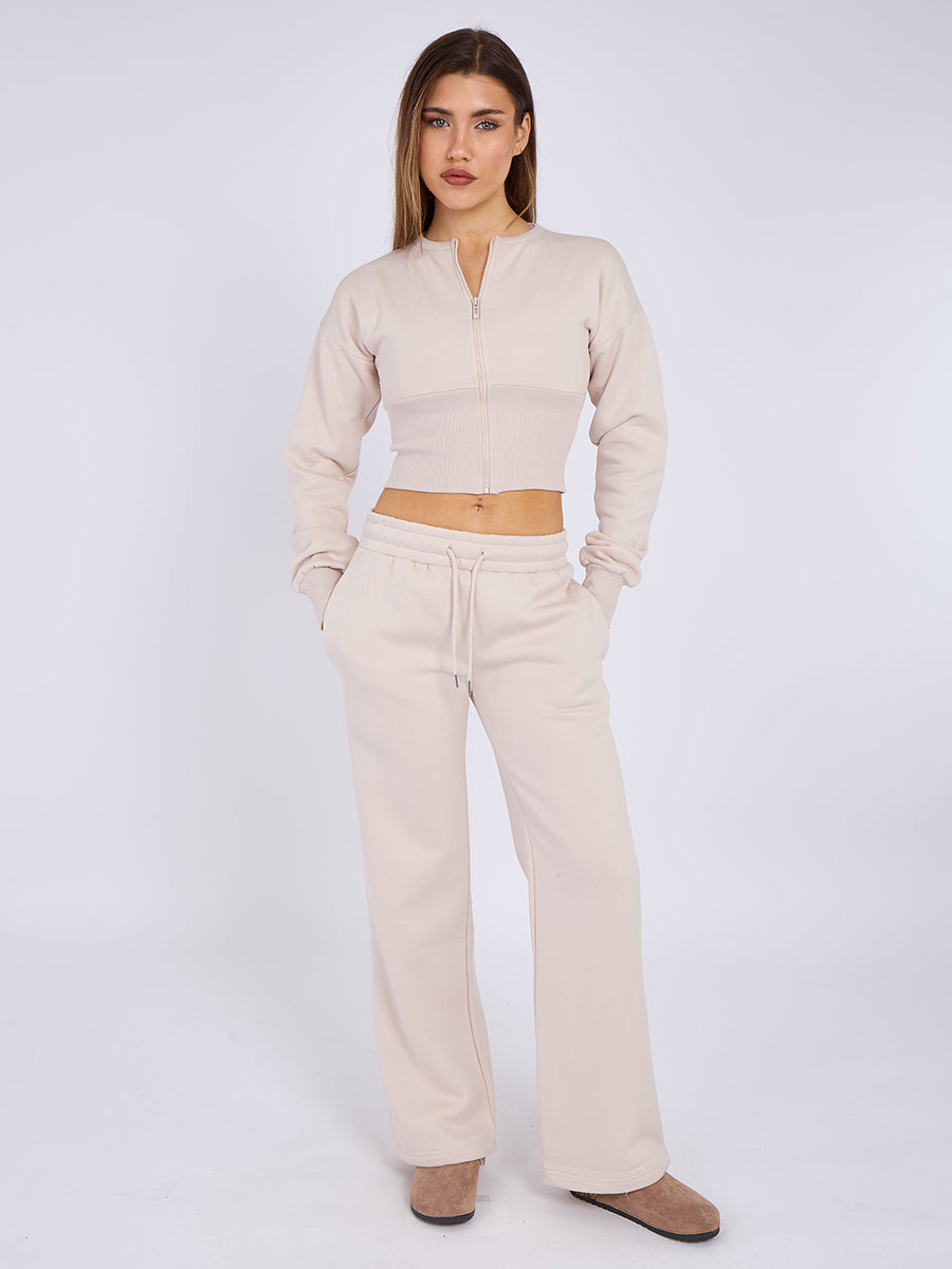 Zip Up Crop Sweatshirt & Wide Leg Trouser Tracksuit - Pearl
