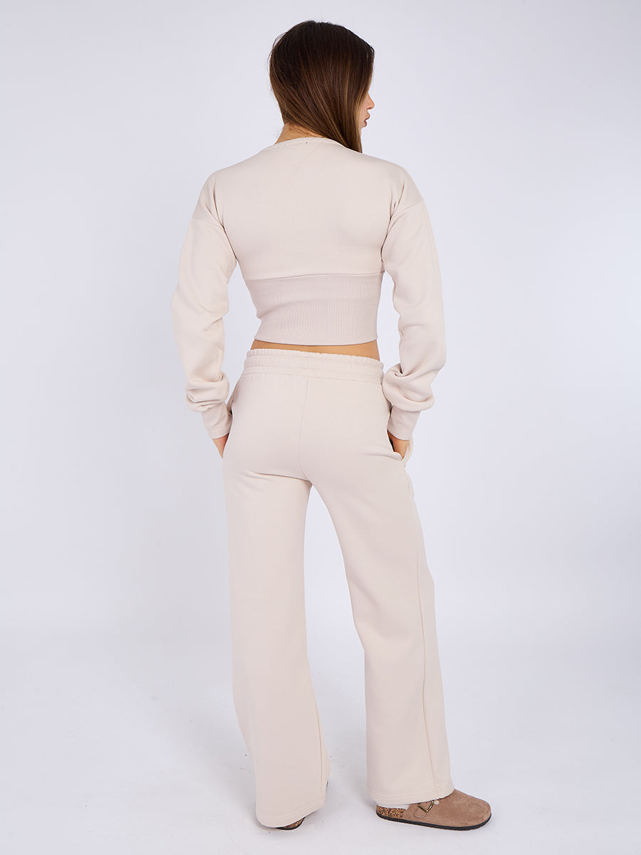 Zip Up Crop Sweatshirt & Wide Leg Trouser Tracksuit - Pearl