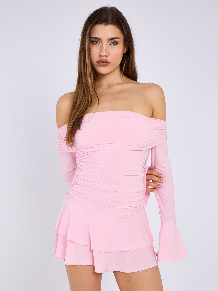 Ruched Off Shoulder Frill Dress - Rosa