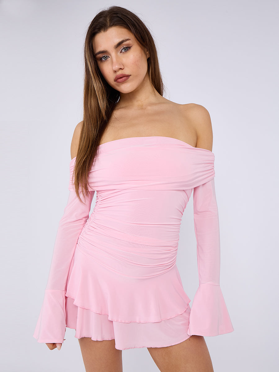 Ruched Off Shoulder Frill Dress - Rosa