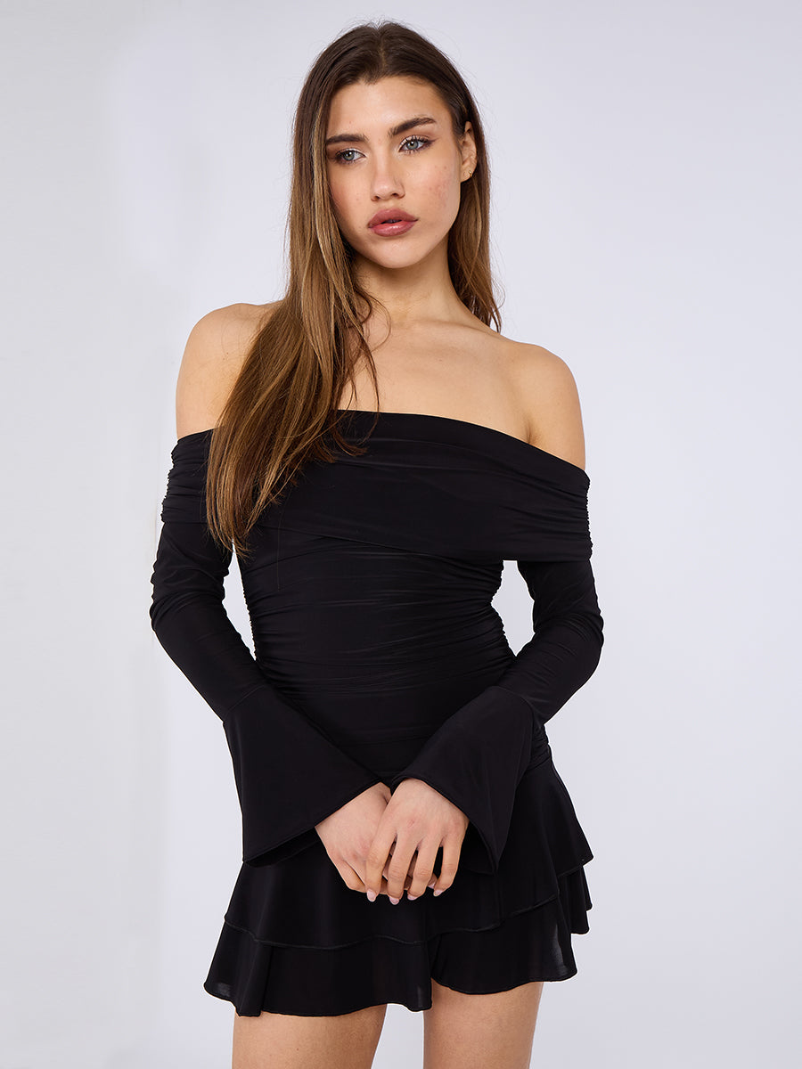Ruched Off Shoulder Frill Dress - Rosa