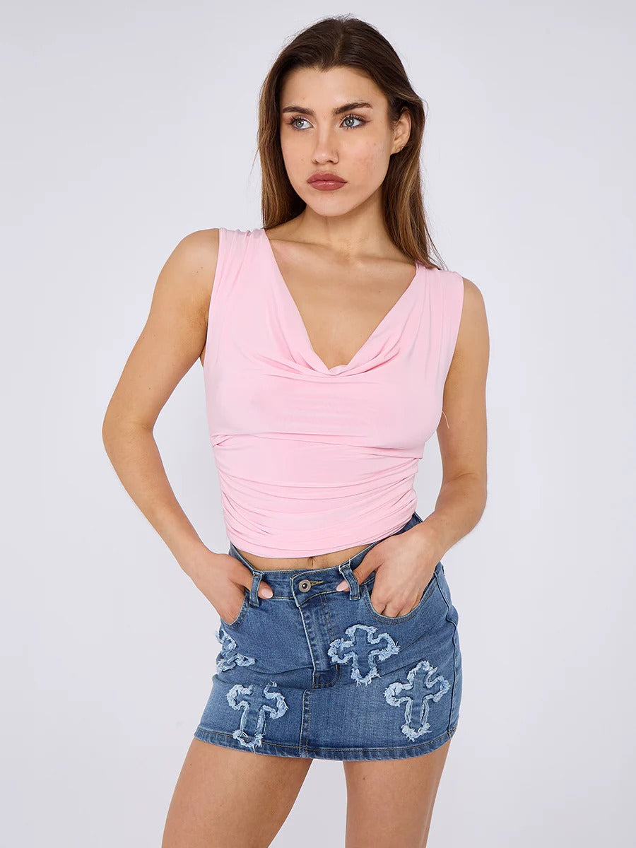 Cowl Neck Ruched Slinky Top Sierra