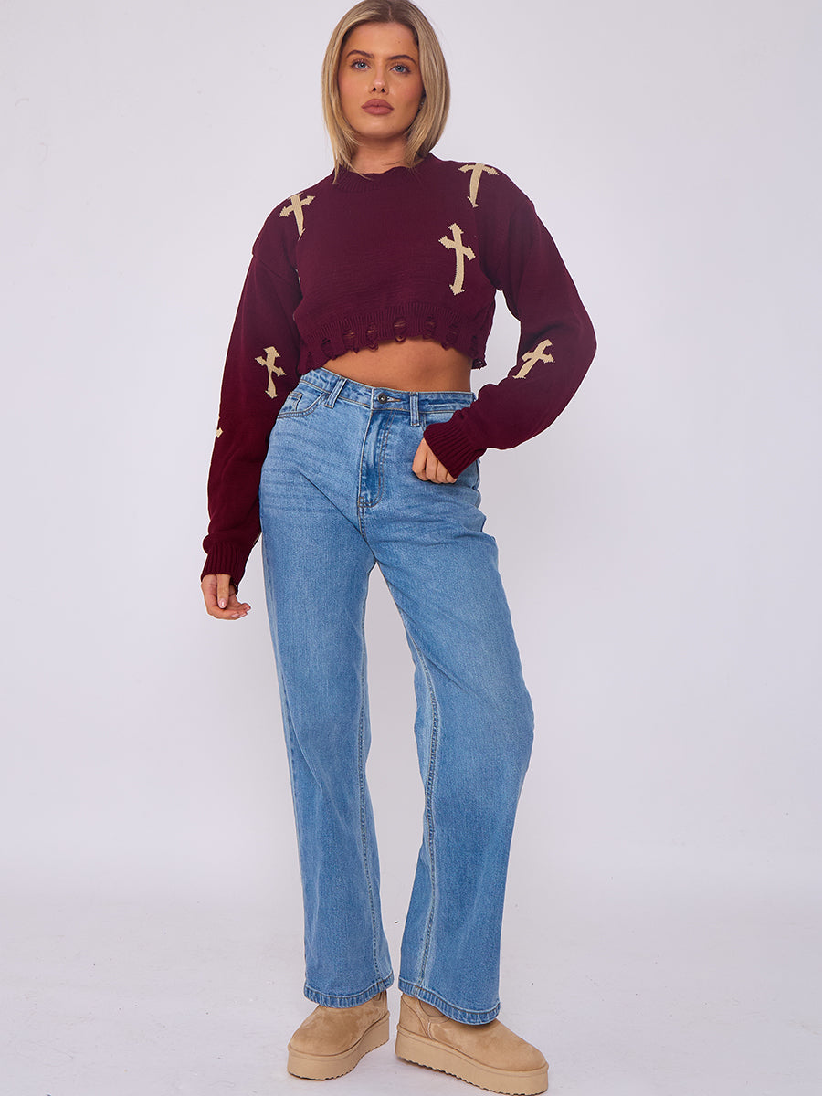Wine red knitted crop jumper with crucifix patterns, long sleeves, ribbed cuffs and hem
