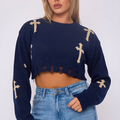 Anaya cross knitted crop jumper in dark navy, with cream cross motifs on sleeves