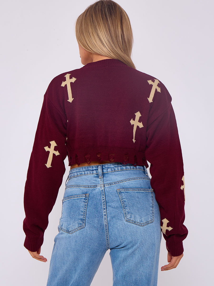 Wine red knitted crop jumper back view with gold crucifix motifs, long ribbed sleeves
