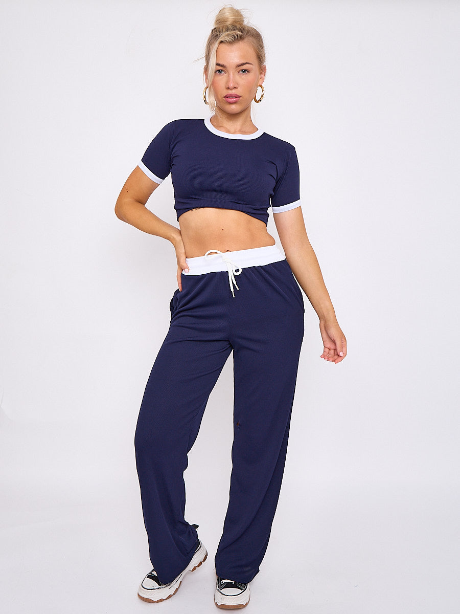 Ribbed Crop Top & Wide Leg Trouser Co-ord - Magnolia - Storm Desire