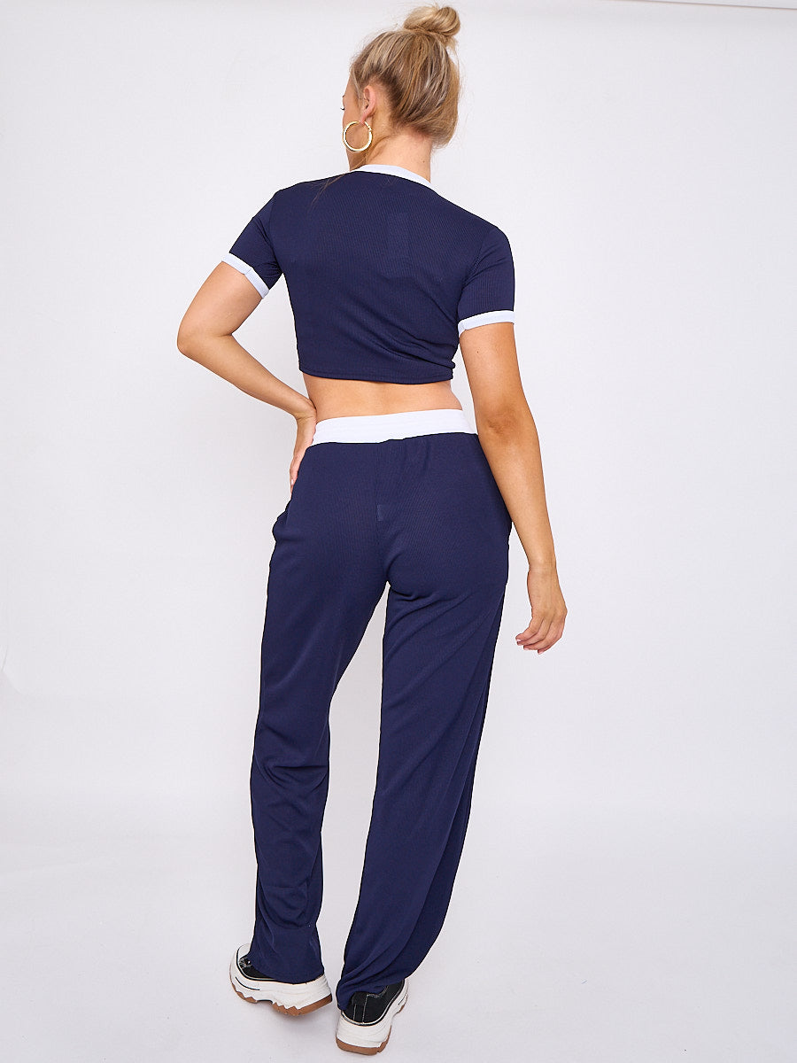 Ribbed Crop Top & Wide Leg Trouser Co-ord - Magnolia - Storm Desire