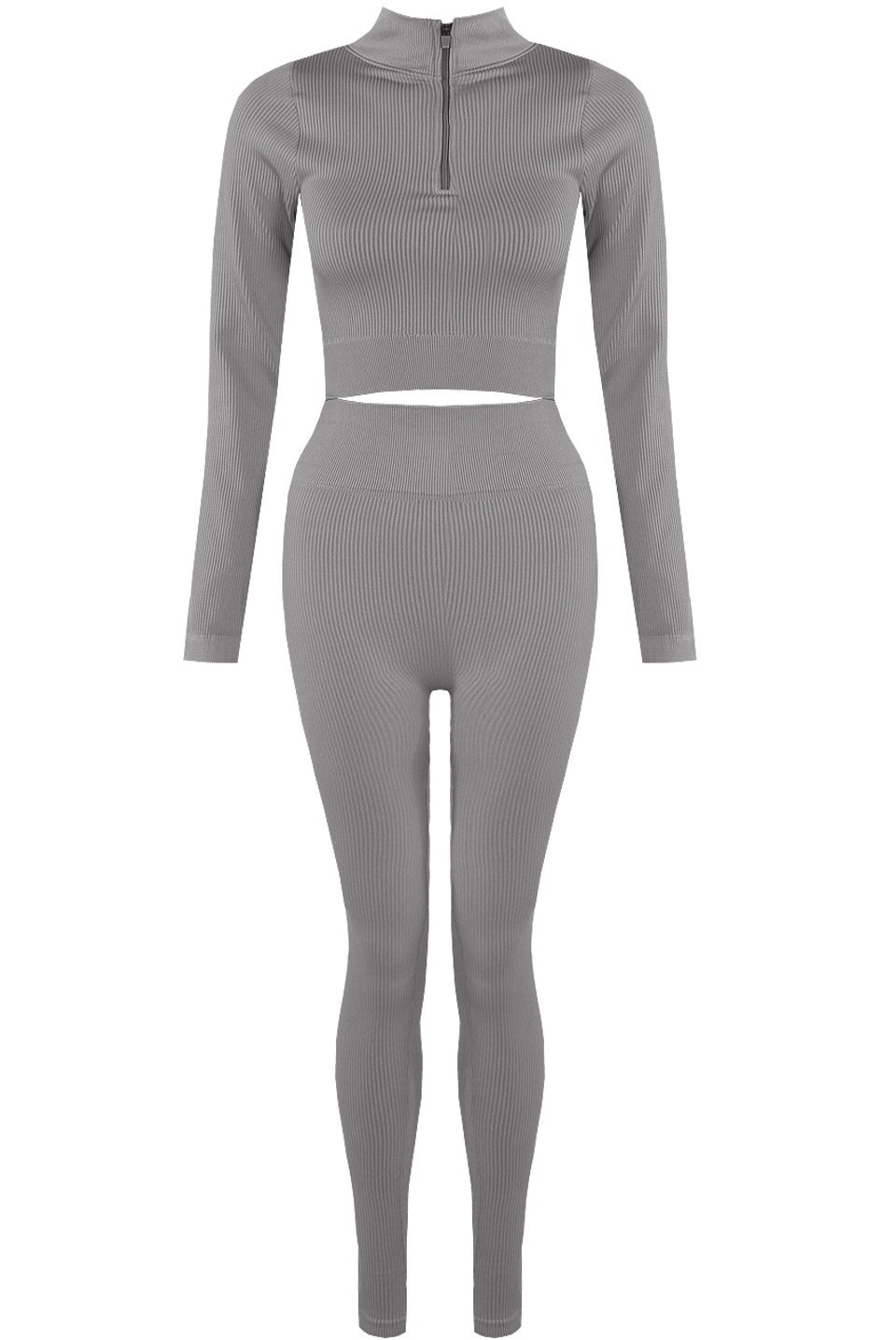 Charcoal Grey Ribbed Zip Top & Leggings Set - Ruby - Storm Desire