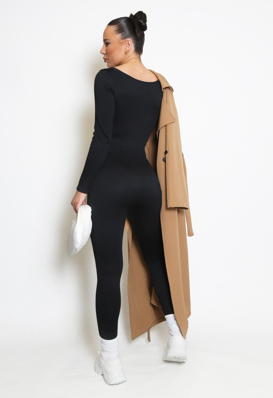 Black Ribbed Long Sleeve Unitard Jumpsuit - Vera - Storm Desire