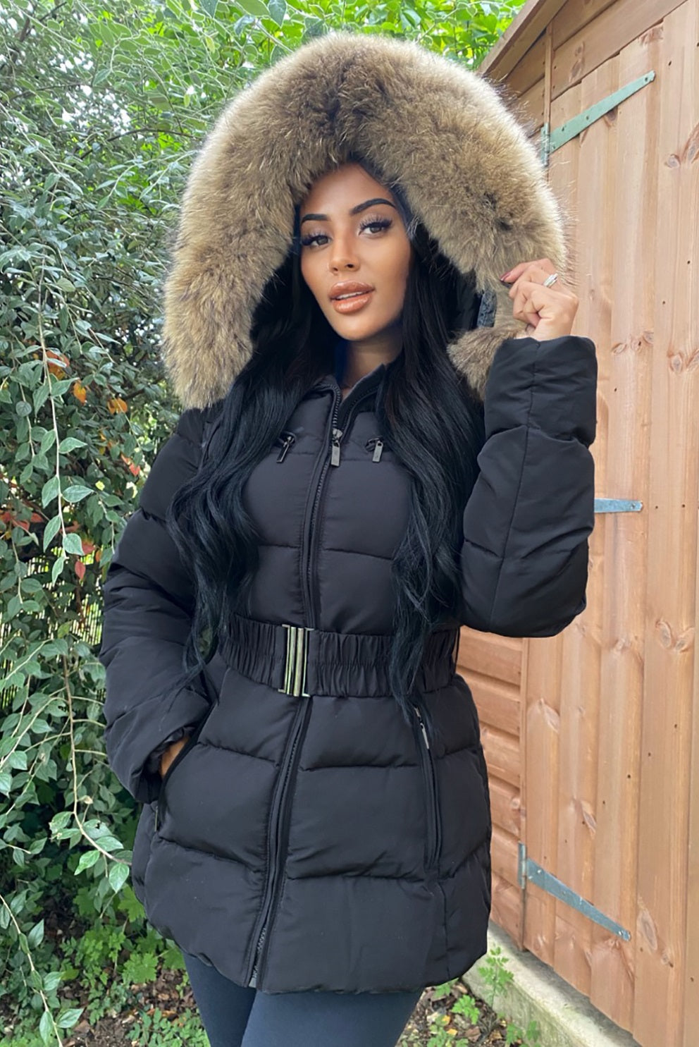 Black Natural Fur Hood Attentif Puffer Zip Jacket - Storm Desire