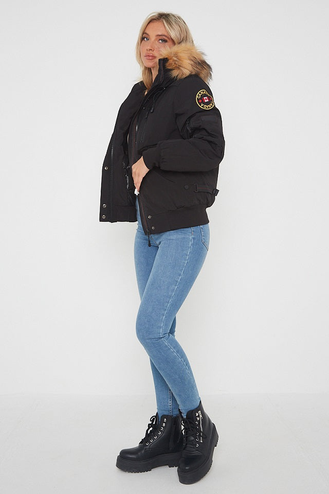 Black Aviator Canada Pilot Faux Fur Hood Bomber Jacket - Denver - Storm Desire
