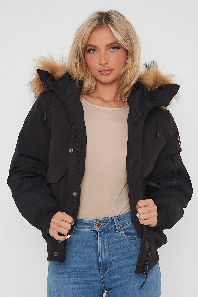 Black Aviator Canada Pilot Faux Fur Hood Bomber Jacket - Denver - Storm Desire
