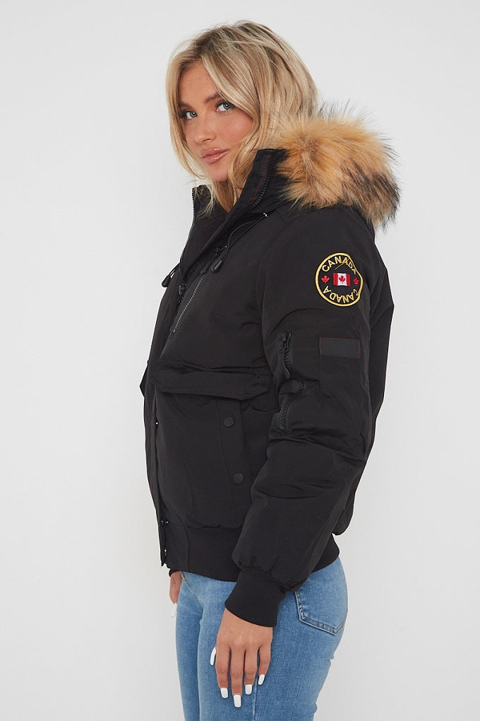Black Aviator Canada Pilot Faux Fur Hood Bomber Jacket - Denver - Storm Desire