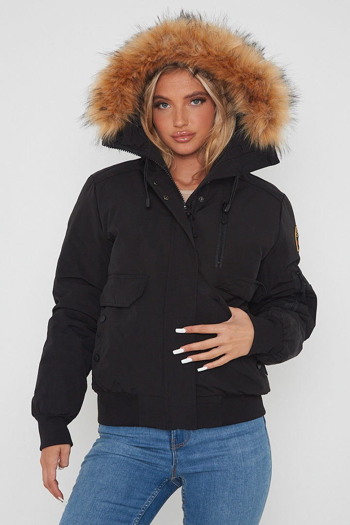 Black Aviator Canada Pilot Faux Fur Hood Bomber Jacket - Denver - Storm Desire