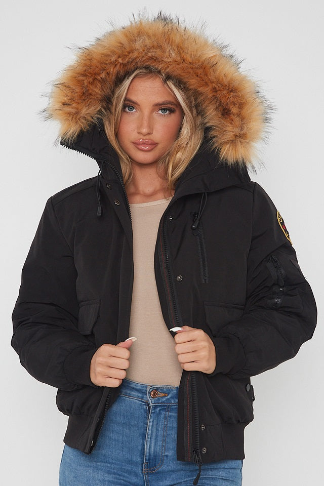 Black Aviator Canada Pilot Faux Fur Hood Bomber Jacket - Denver - Storm Desire