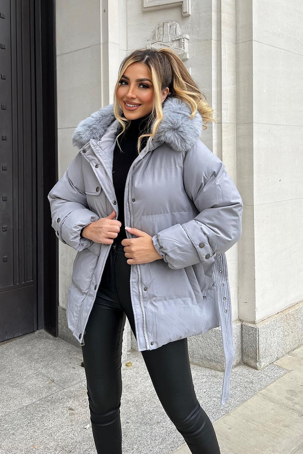 Grey Side Flap Faux Fur Hood Puffer Coat - Rosa - Storm Desire